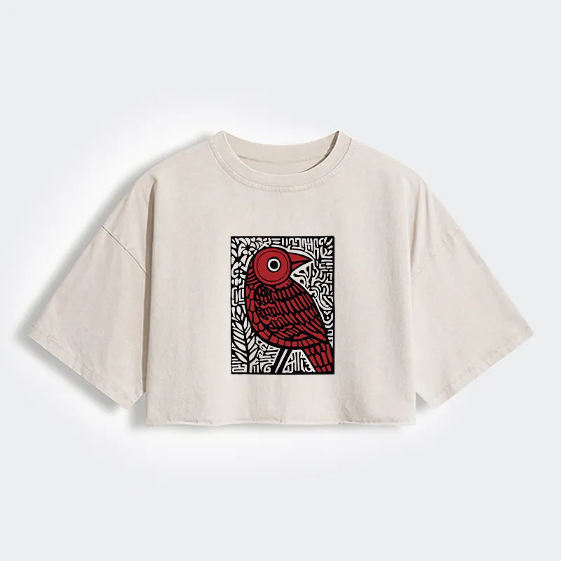 Tokyo-Tiger Retro Woodblock Bird Women's Washed Crop T-Shirt