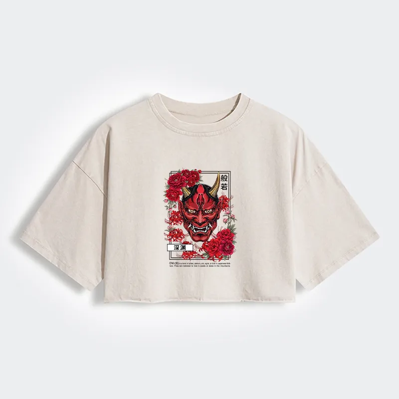 Tokyo-Tiger Cool Oni Floral Art Women's Washed Crop T-Shirt