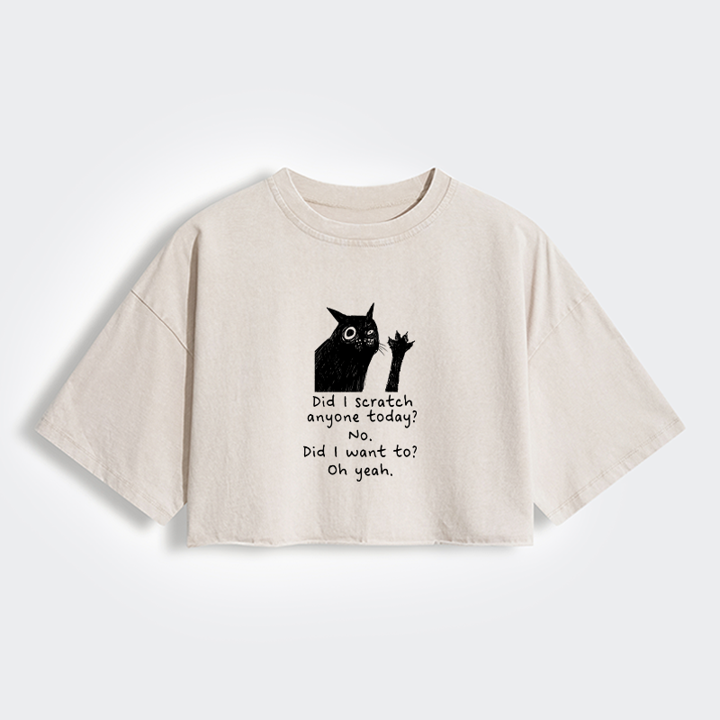 Tokyo-Tiger Black Cat Scratches People Women's Washed Crop T-Shirt