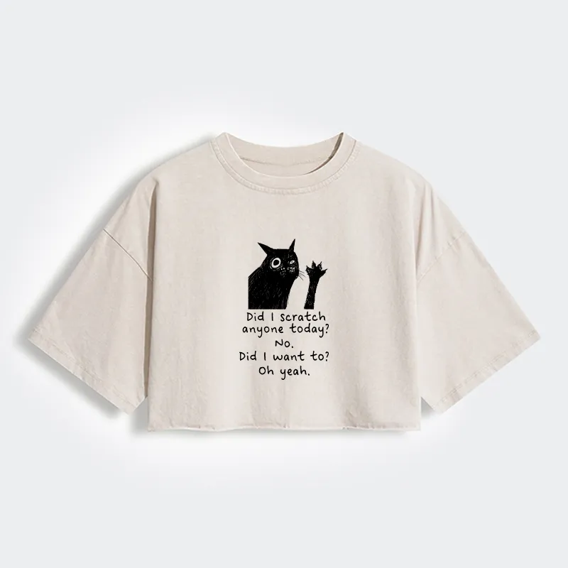 Tokyo-Tiger Black Cat Scratches People Women's Washed Crop T-Shirt