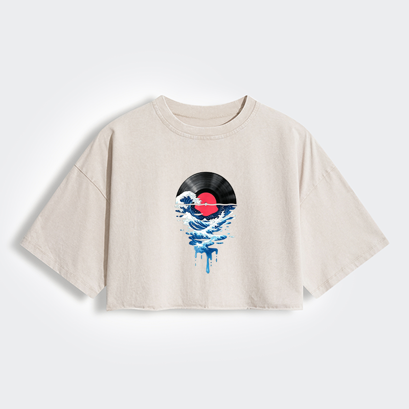 Tokyo-Tiger Vinyl Records And Waves Women's Washed Crop T-Shirt