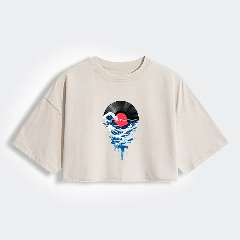 Tokyo-Tiger Vinyl Records And Waves Women's Washed Crop T-Shirt