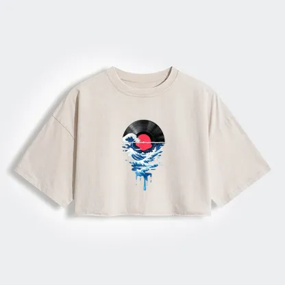 Tokyo-Tiger Vinyl Records And Waves Women's Washed Crop T-Shirt