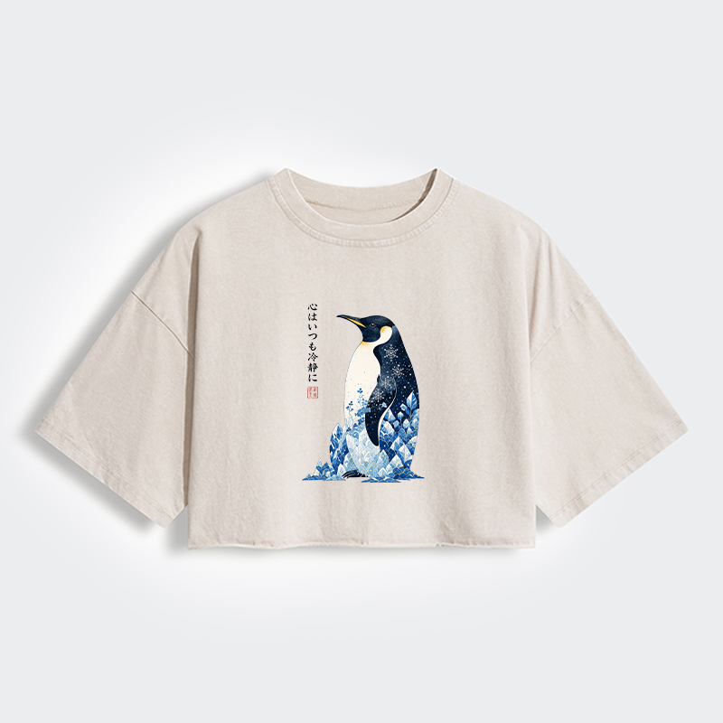 Tokyo-Tiger Keep Calm Penguin Women's Washed Crop T-Shirt