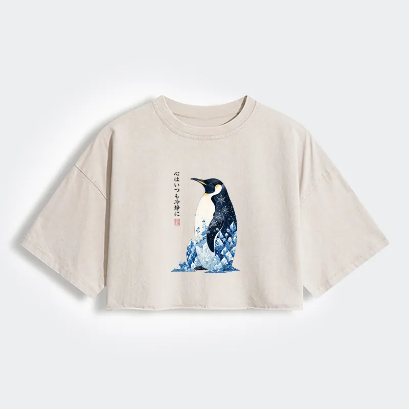 Tokyo-Tiger Keep Calm Penguin Women's Washed Crop T-Shirt
