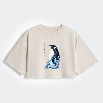 Tokyo-Tiger Keep Calm Penguin Women's Washed Crop T-Shirt