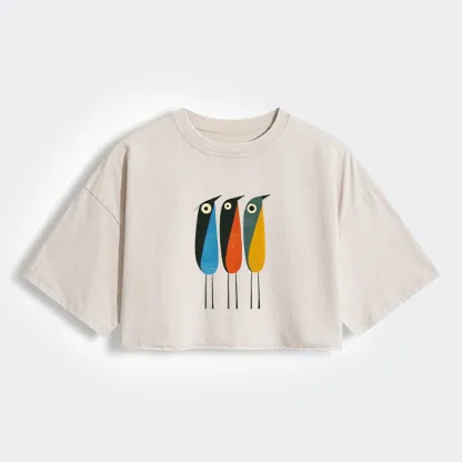 Tokyo-Tiger Bold Shape Birds Women's Washed Crop T-Shirt