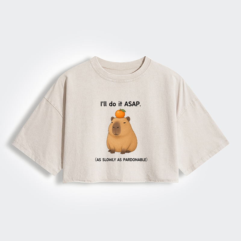 Tokyo-Tiger Slow Task Capybara Meme Women's Washed Crop T-Shirt