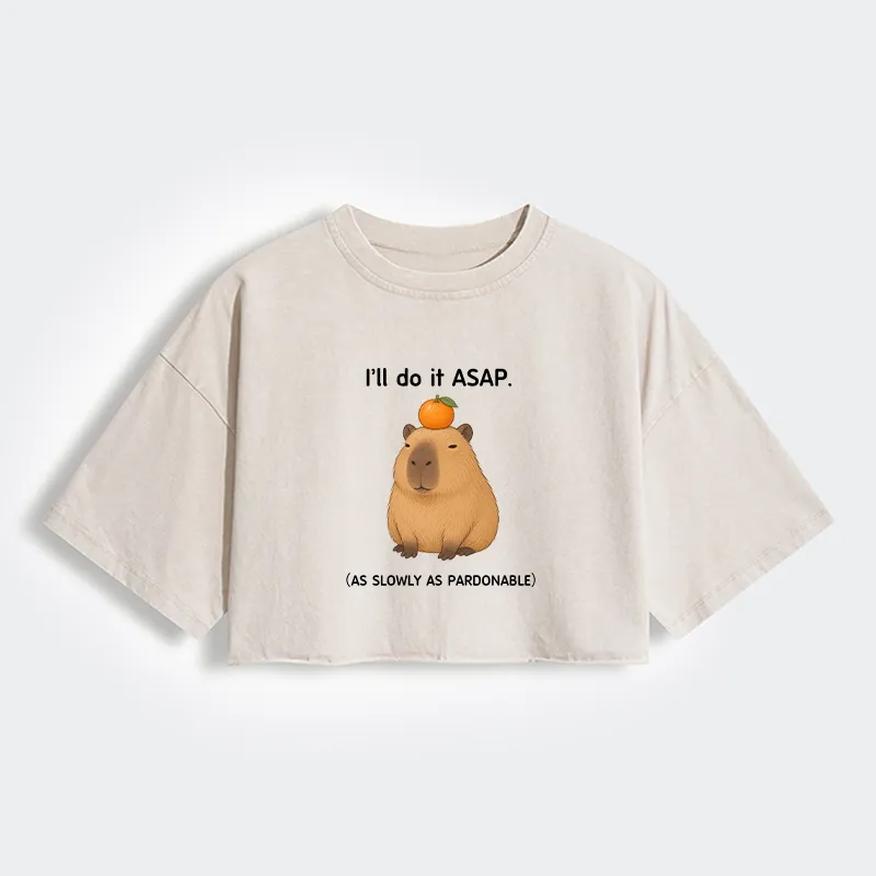 Tokyo-Tiger Slow Task Capybara Meme Women's Washed Crop T-Shirt Sale