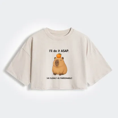 Tokyo-Tiger Slow Task Capybara Meme Women's Washed Crop T-Shirt