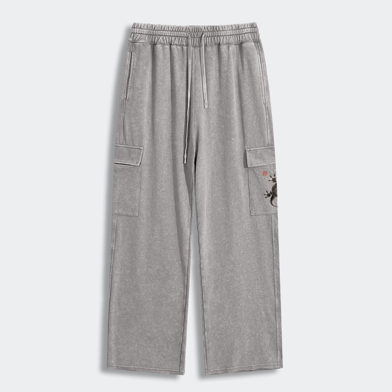 Tokyo-Tiger Minimal Asian Ink Brush Gecko Vibe Washed Utility Sweatpants