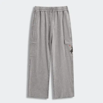 Tokyo-Tiger Minimal Asian Ink Brush Gecko Vibe Washed Utility Sweatpants