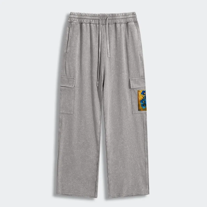 Tokyo-Tiger Shiny Blue Flower Warm Golden Background Washed Utility Sweatpants