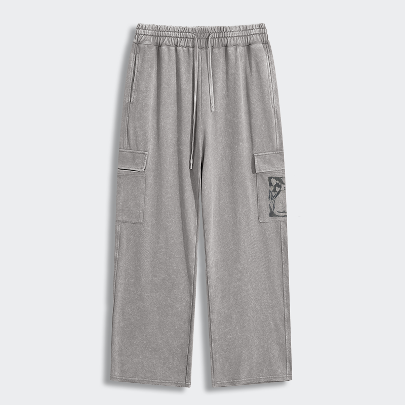 Tokyo-Tiger Folk Paper Cut Cat Bird Floral Art Washed Utility Sweatpants