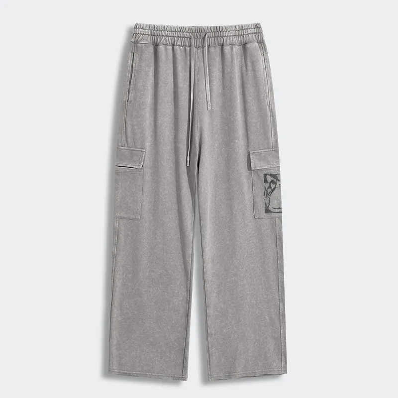 Tokyo-Tiger Folk Paper Cut Cat Bird Floral Art Washed Utility Sweatpants