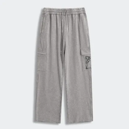 Tokyo-Tiger Folk Paper Cut Cat Bird Floral Art Washed Utility Sweatpants
