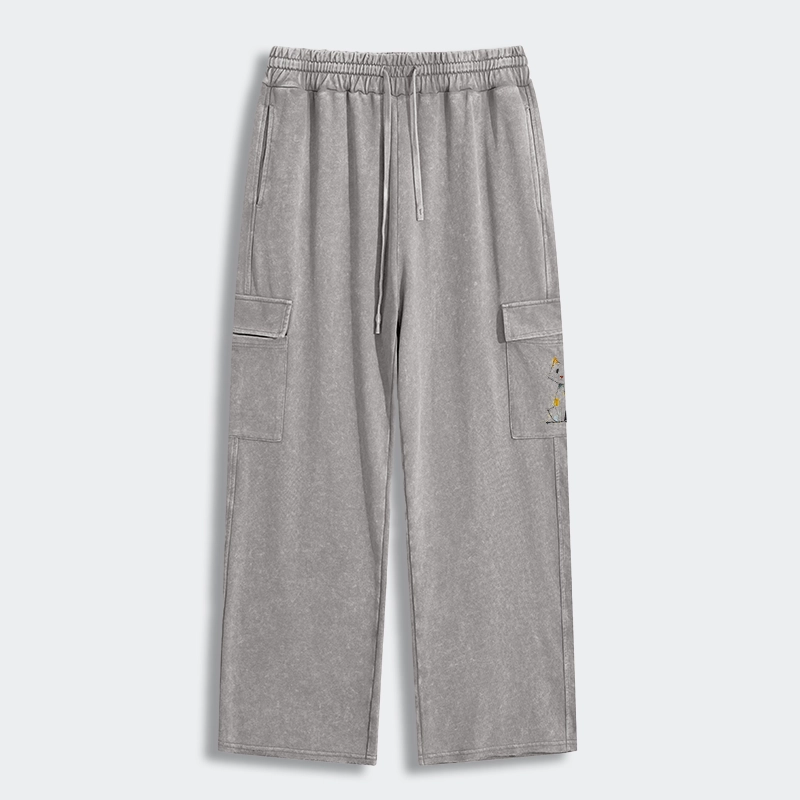 Tokyo-Tiger Minimal Splash Ink Cute Cat Washed Utility Sweatpants