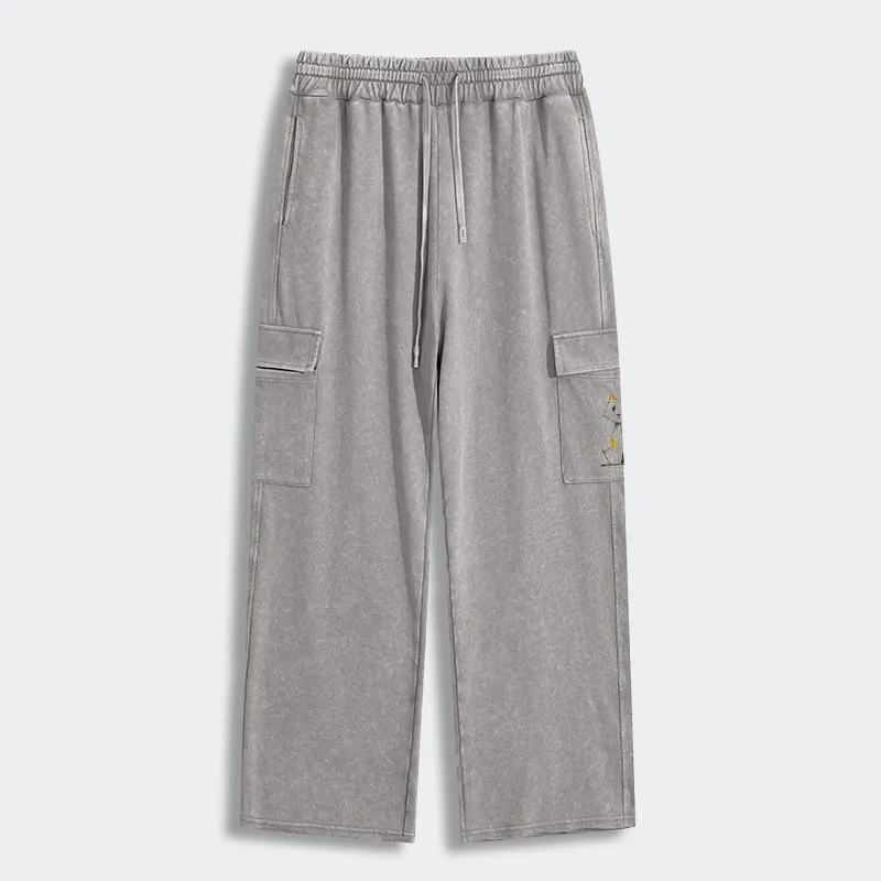 Tokyo-Tiger Minimal Splash Ink Cute Cat Washed Utility Sweatpants