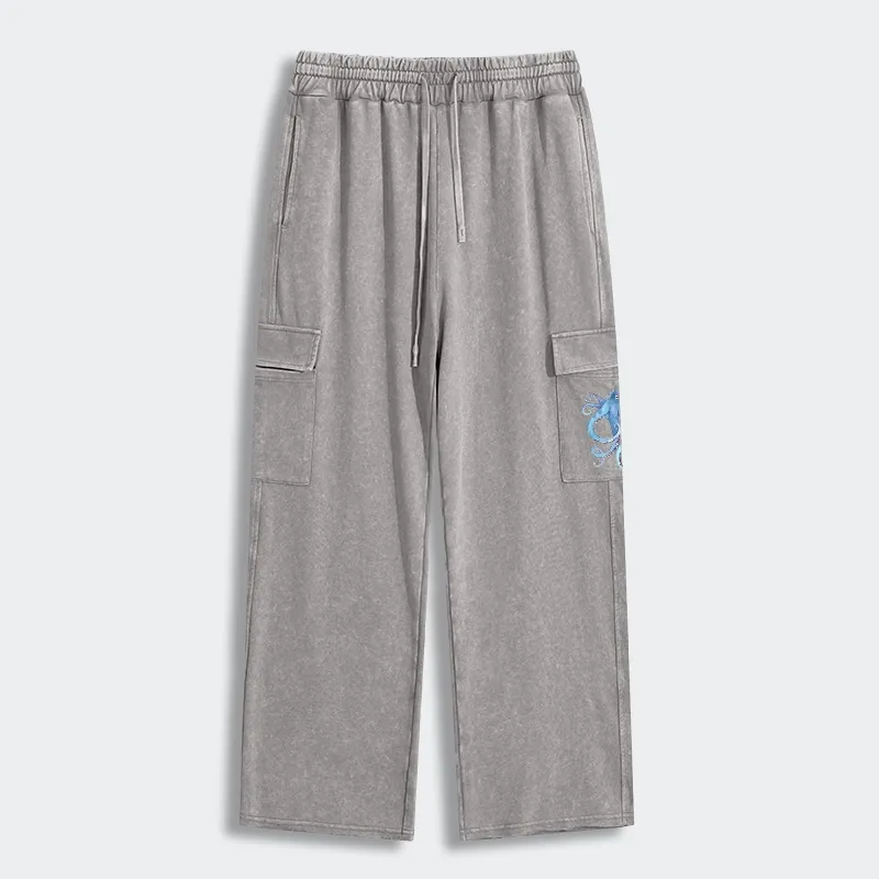 Tokyo-Tiger Watercolor Blue Octopus Washed Utility Sweatpants