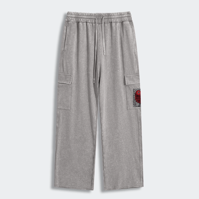 Tokyo-Tiger Retro Woodblock Bird Washed Utility Sweatpants