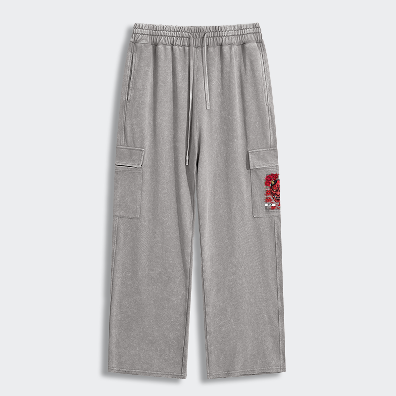 Tokyo-Tiger Cool Oni Floral Art Washed Utility Sweatpants