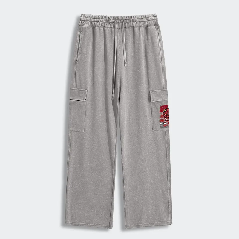 Tokyo-Tiger Cool Oni Floral Art Washed Utility Sweatpants