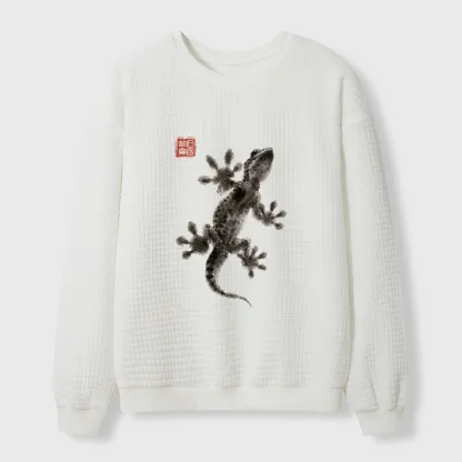 Tokyo-Tiger Minimal Asian Ink Brush Gecko Vibe Waffle Sweatshirt