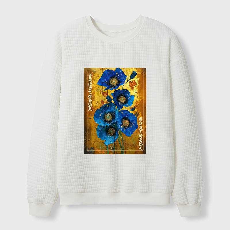Tokyo-Tiger Shiny Blue Flower Warm Golden Background Waffle Sweatshirt