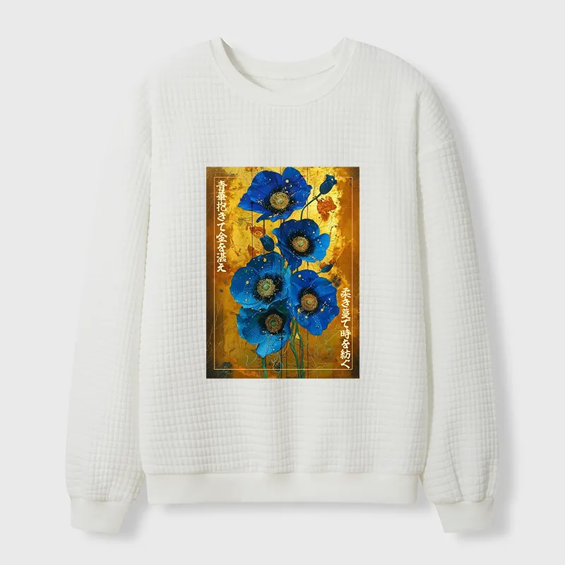 Tokyo-Tiger Shiny Blue Flower Warm Golden Background Waffle Sweatshirt
