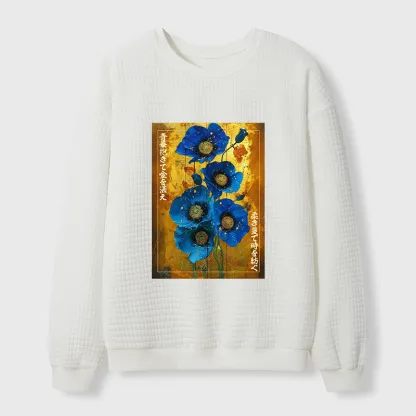 Tokyo-Tiger Shiny Blue Flower Warm Golden Background Waffle Sweatshirt