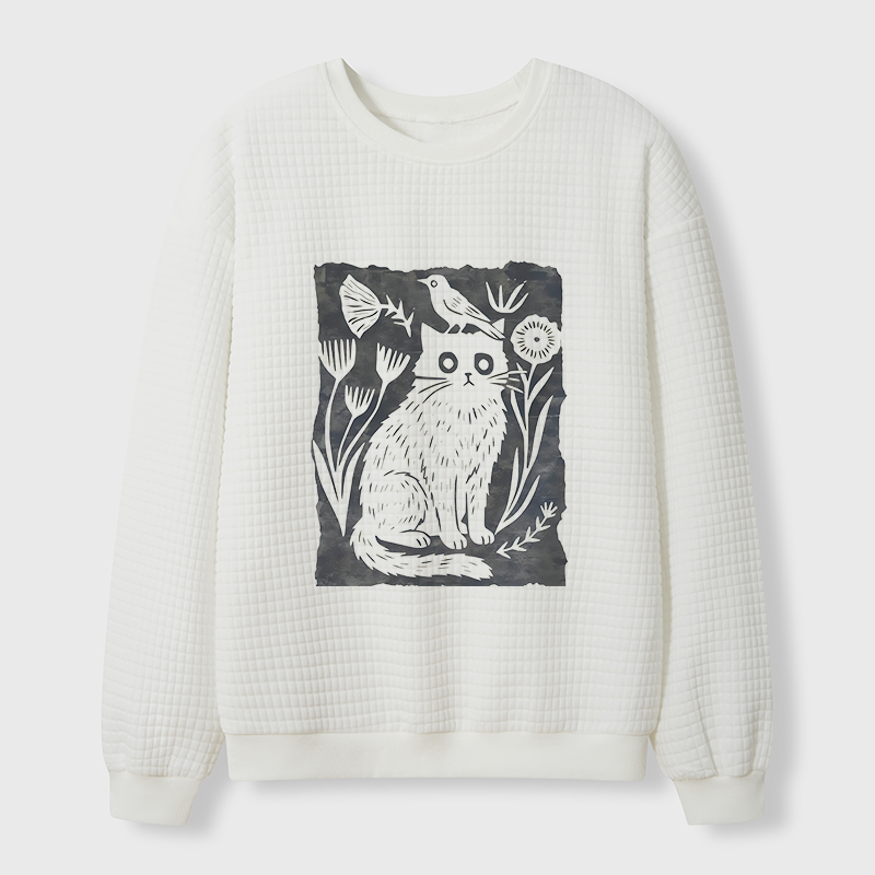 Tokyo-Tiger Folk Paper Cut Cat Bird Floral Art Waffle Sweatshirt