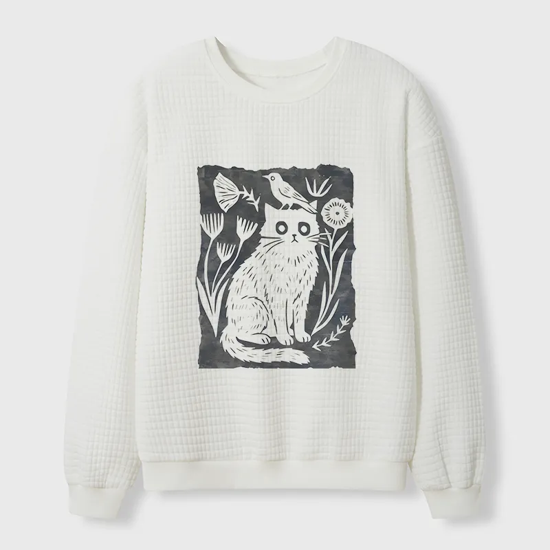 Tokyo-Tiger Folk Paper Cut Cat Bird Floral Art Waffle Sweatshirt