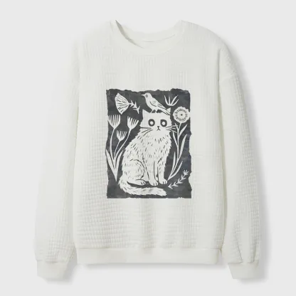 Tokyo-Tiger Folk Paper Cut Cat Bird Floral Art Waffle Sweatshirt