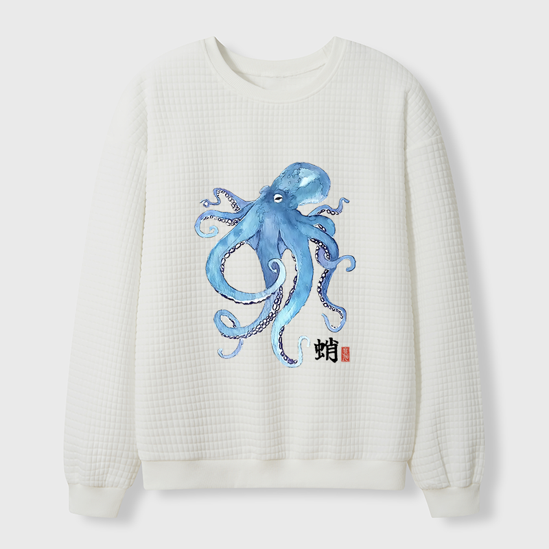 Tokyo-Tiger Watercolor Blue Octopus Waffle Sweatshirt