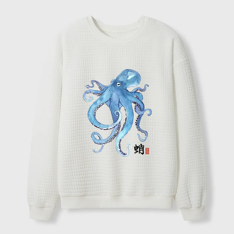 Tokyo-Tiger Watercolor Blue Octopus Waffle Sweatshirt