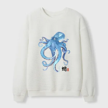 Tokyo-Tiger Watercolor Blue Octopus Waffle Sweatshirt