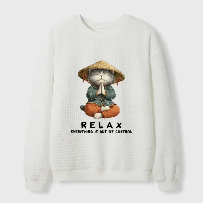 Tokyo-Tiger Zen Relax Cat Graphic Waffle Sweatshirt