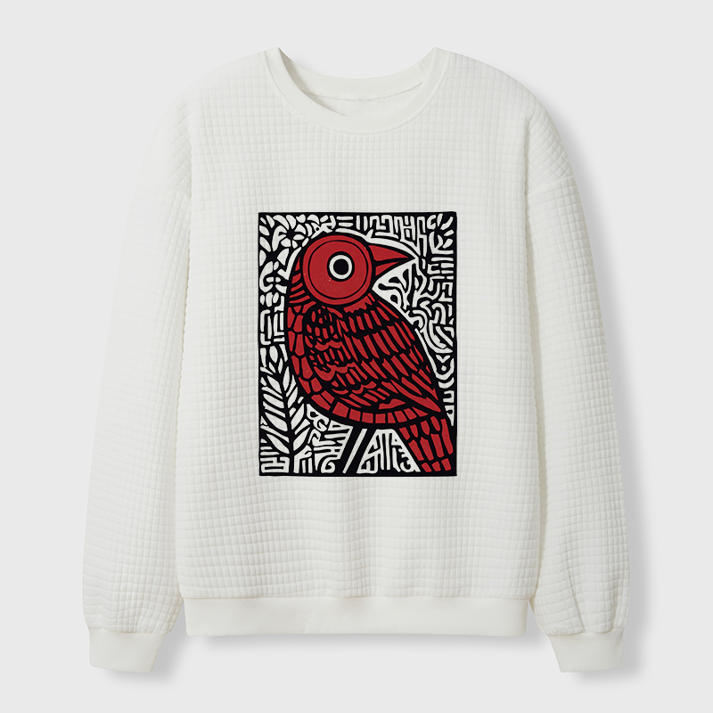 Tokyo-Tiger Retro Woodblock Bird Waffle Sweatshirt