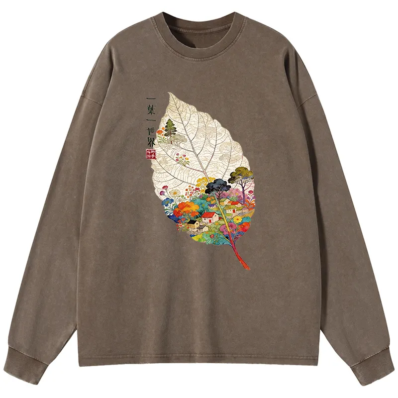 Tokyo-Tiger One Leaf Holds A Tiny Colorful World Washed Long Sleeve T-Shirt