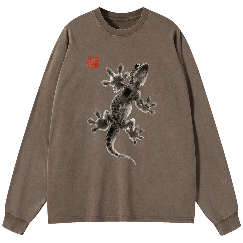 Tokyo-Tiger Minimal Asian Ink Brush Gecko Vibe Washed Long Sleeve T-Shirt