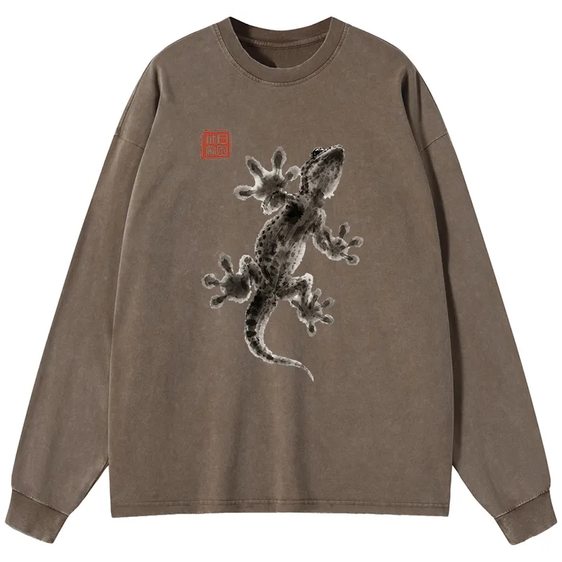 Tokyo-Tiger Minimal Asian Ink Brush Gecko Vibe Washed Long Sleeve T-Shirt
