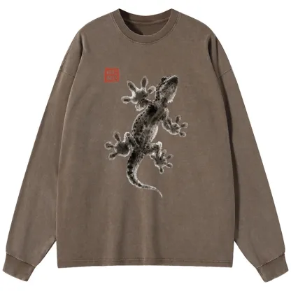Tokyo-Tiger Minimal Asian Ink Brush Gecko Vibe Washed Long Sleeve T-Shirt