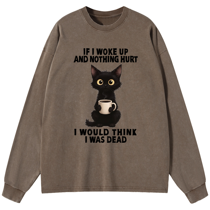 Tokyo-Tiger Funny Cute Black Cat And Coffee Meme Washed Long Sleeve T-Shirt