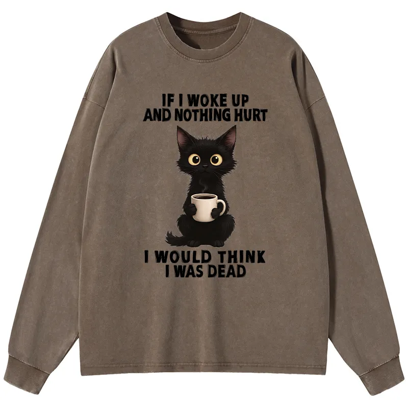 Tokyo-Tiger Funny Cute Black Cat And Coffee Meme Washed Long Sleeve T-Shirt