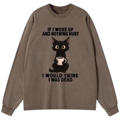 Tokyo-Tiger Funny Cute Black Cat And Coffee Meme Washed Long Sleeve T-Shirt