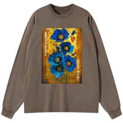 Tokyo-Tiger Shiny Blue Flower Warm Golden Background Washed Long Sleeve T-Shirt