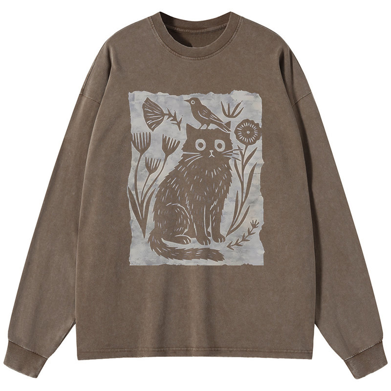 Tokyo-Tiger Folk Paper Cut Cat Bird Floral Art Washed Long Sleeve T-Shirt
