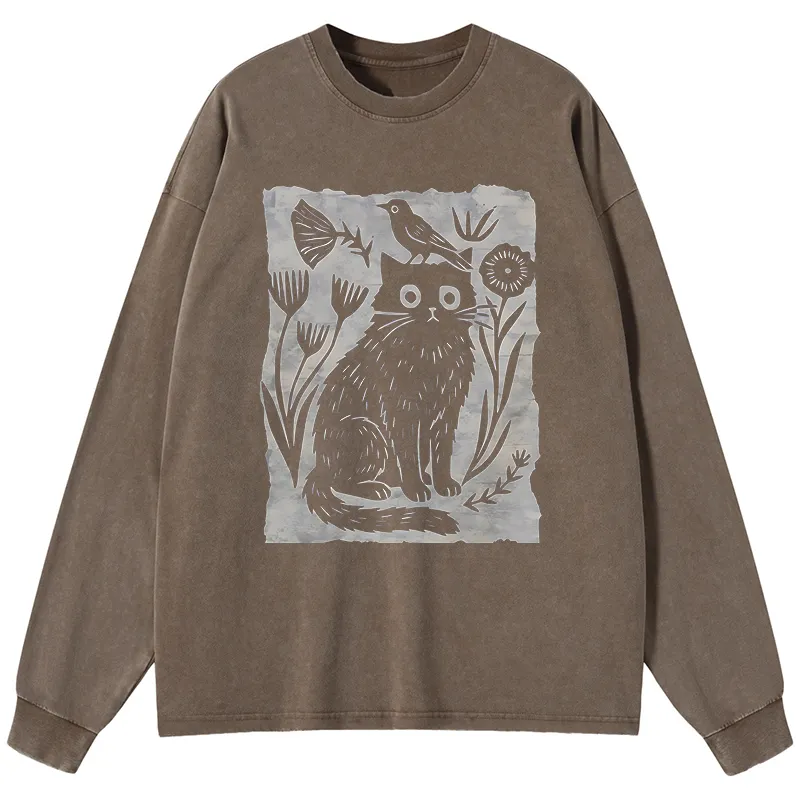 Tokyo-Tiger Folk Paper Cut Cat Bird Floral Art Washed Long Sleeve T-Shirt