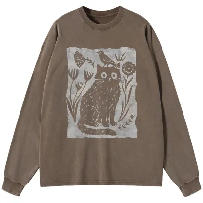 Tokyo-Tiger Folk Paper Cut Cat Bird Floral Art Washed Long Sleeve T-Shirt