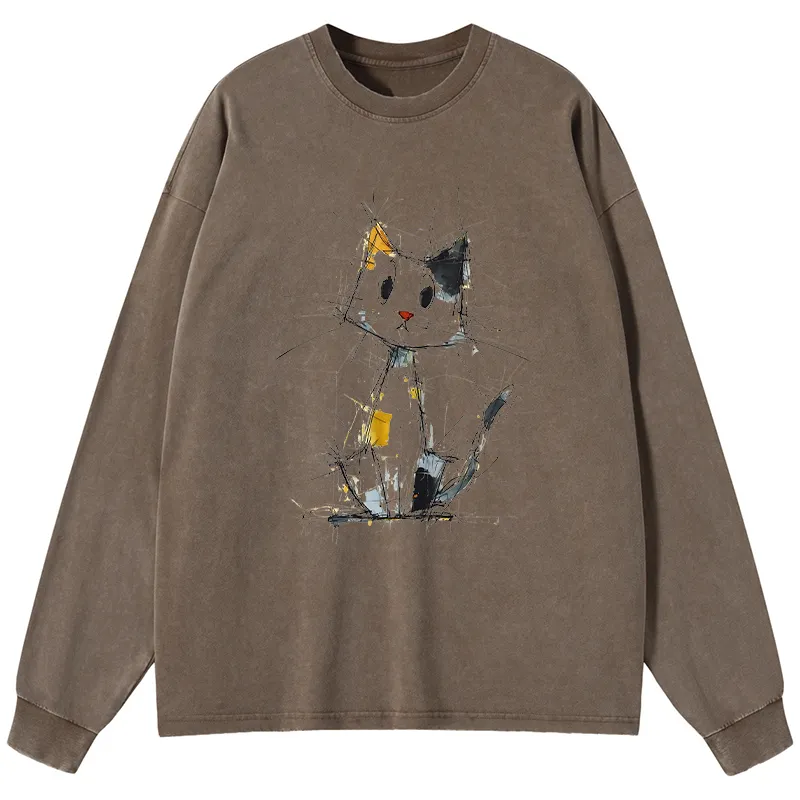 Tokyo-Tiger Minimal Splash Ink Cute Cat Washed Long Sleeve T-Shirt